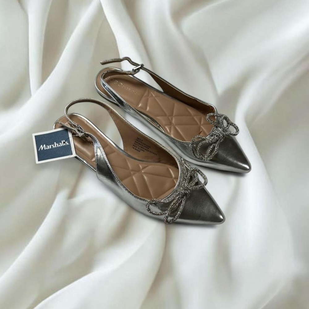NWT BCBGeneration Kristin Rhinestone Bow Sling Back Flats silver y2k mcbling